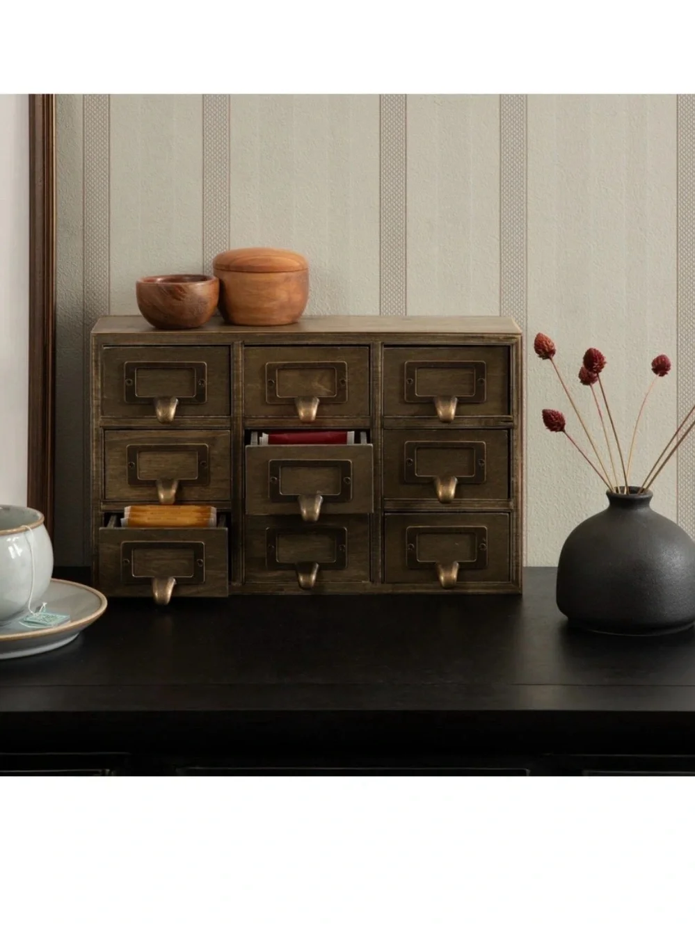 Antique-Style 9-Drawer Desktop Organizer in Aged Brass